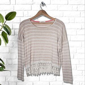 Rewind Lace Trim Striped Tan Long Sleeve Scoop Neck Blouse